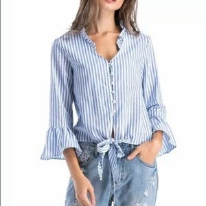 Msquared Blue Stripe Tie-Accent Bell-Sleeve Top